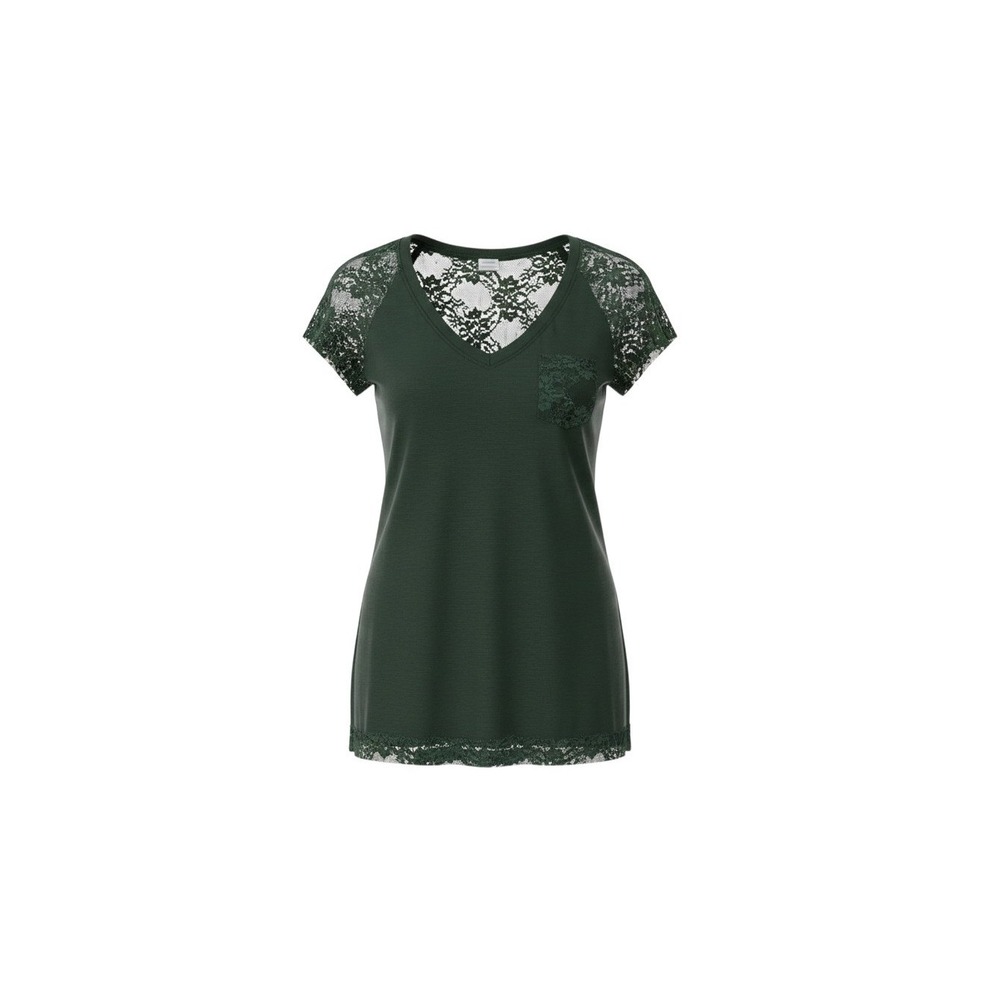 New Mix Lace Back Top Womens Medium Green V-Neck Short Sleeve Floral Pocket
